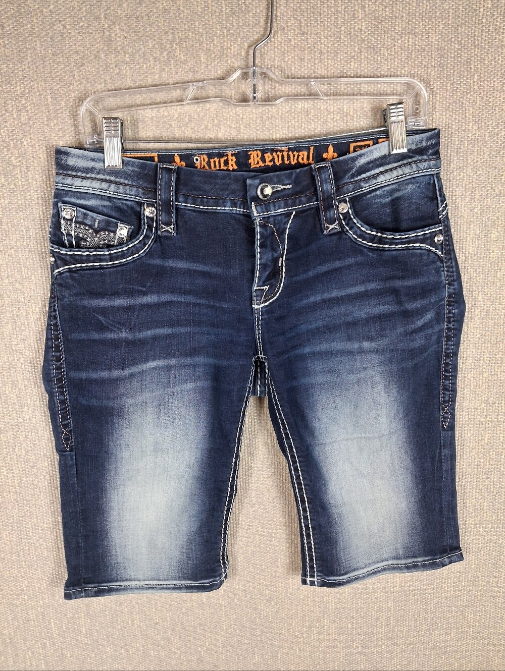 Rock Revival Bermuda Shorts Size 27 Blue Denim Dark Wash Embellished Rhinestone